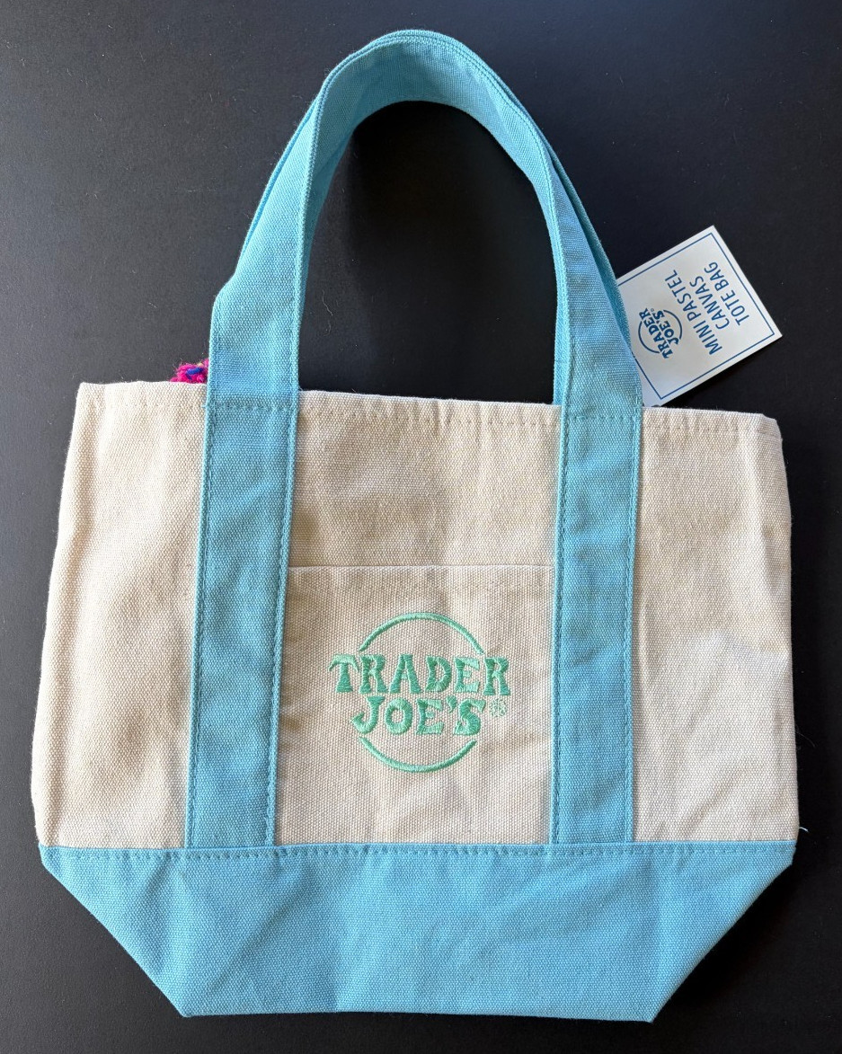 Trader Joes Customized Mini Tote Pastel Blue W/Frida Khalo Pendant & Tassel NWT