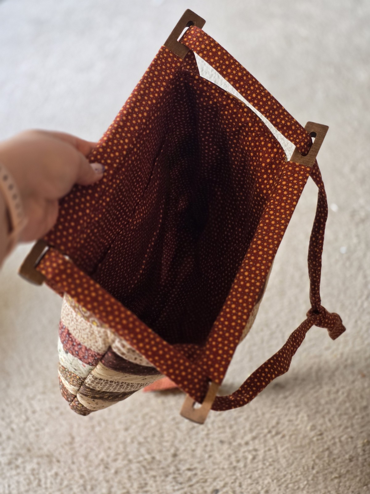 Handmade Quilted Tote Bag Patchwork Cotton Wood Handles Brown Cottagecore Retro