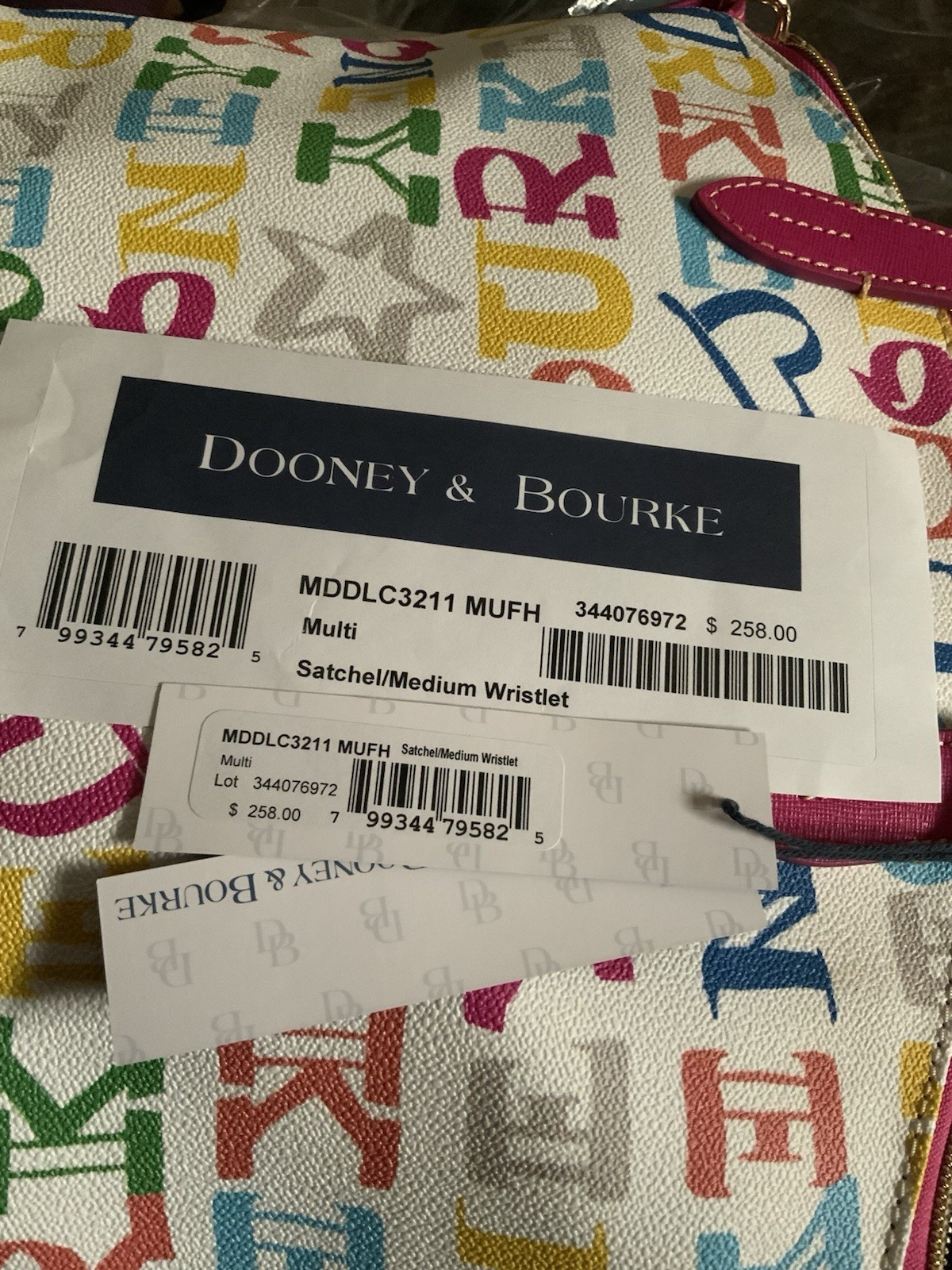 Dooney & Bourke Multicolor Logo Medium Satchel Zip Top Pink Trim + Wristlet