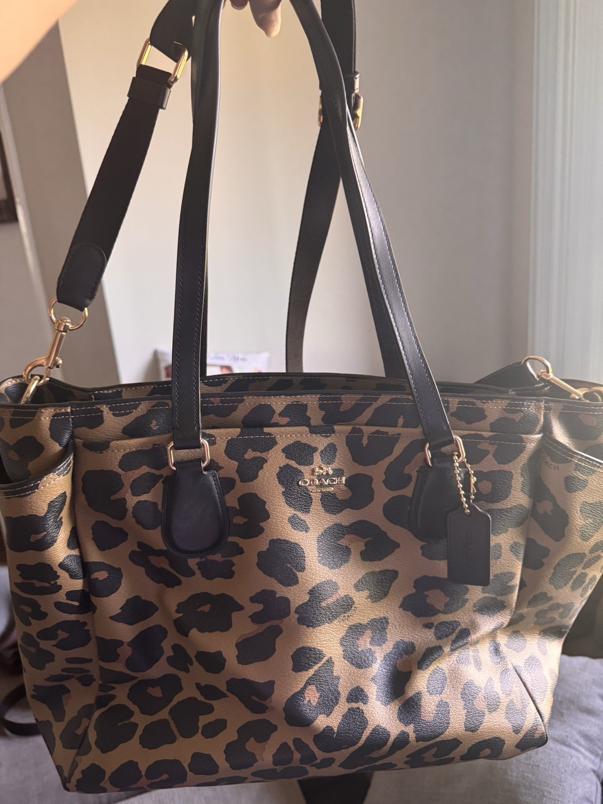 Coach Leopard Print Large Tote Bag Zip Top Removable Strap Brown Black