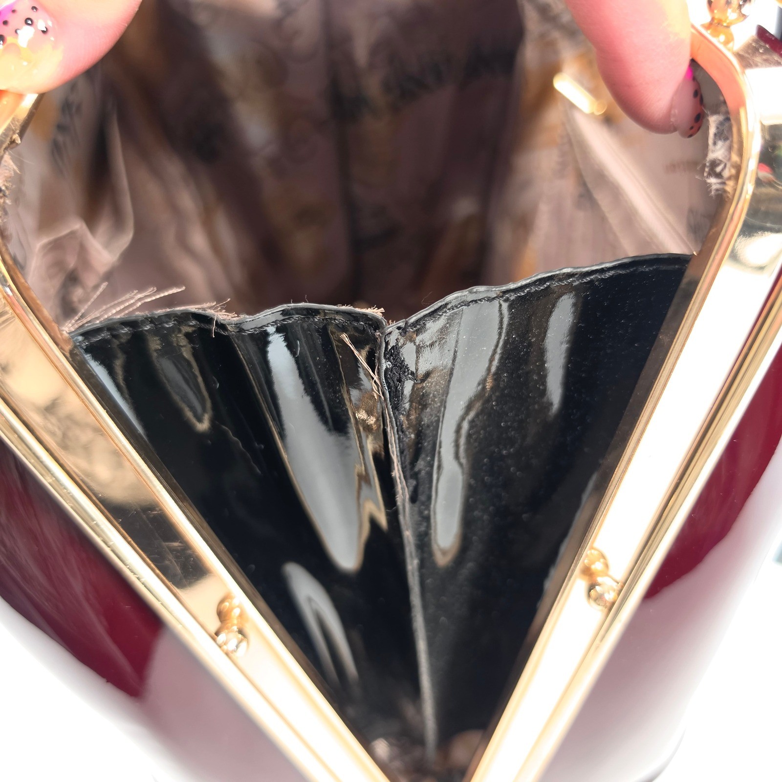 Patent Leather Evening Handbag Burgundy Hard Shell Medium Size Elegant Classy