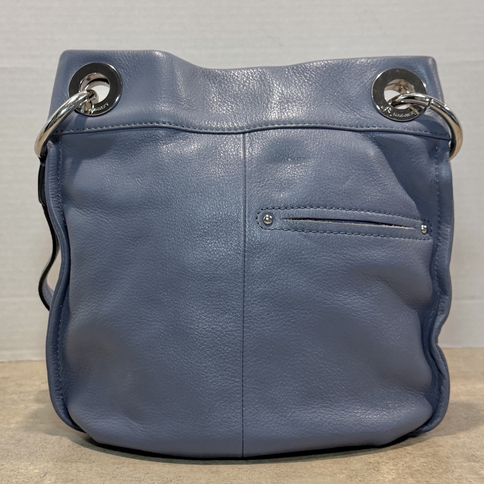 B Makowsky Pebbled Leather Crossbody Shoulder Bag Blue Slate Gray Silver Accent