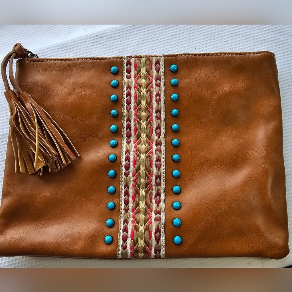 Southwestern style unbranded Bag zips tassel faux turquiose embroidery 11 x 8 in