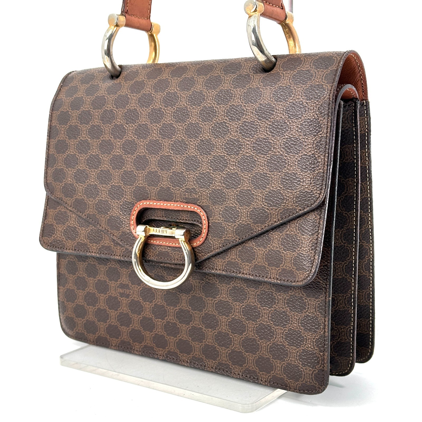 CELINE Hand Bag Macadam Leather Gold Brown Top Handle From JAPAN Authentic