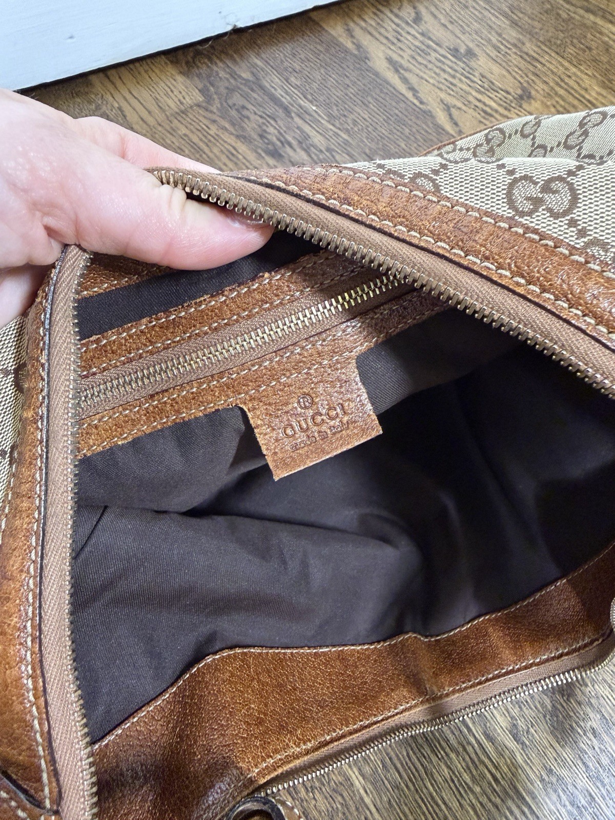 Gucci GG Canvas Bamboo Ring Hobo Shoulder Bag Zip w/ Dust Bag