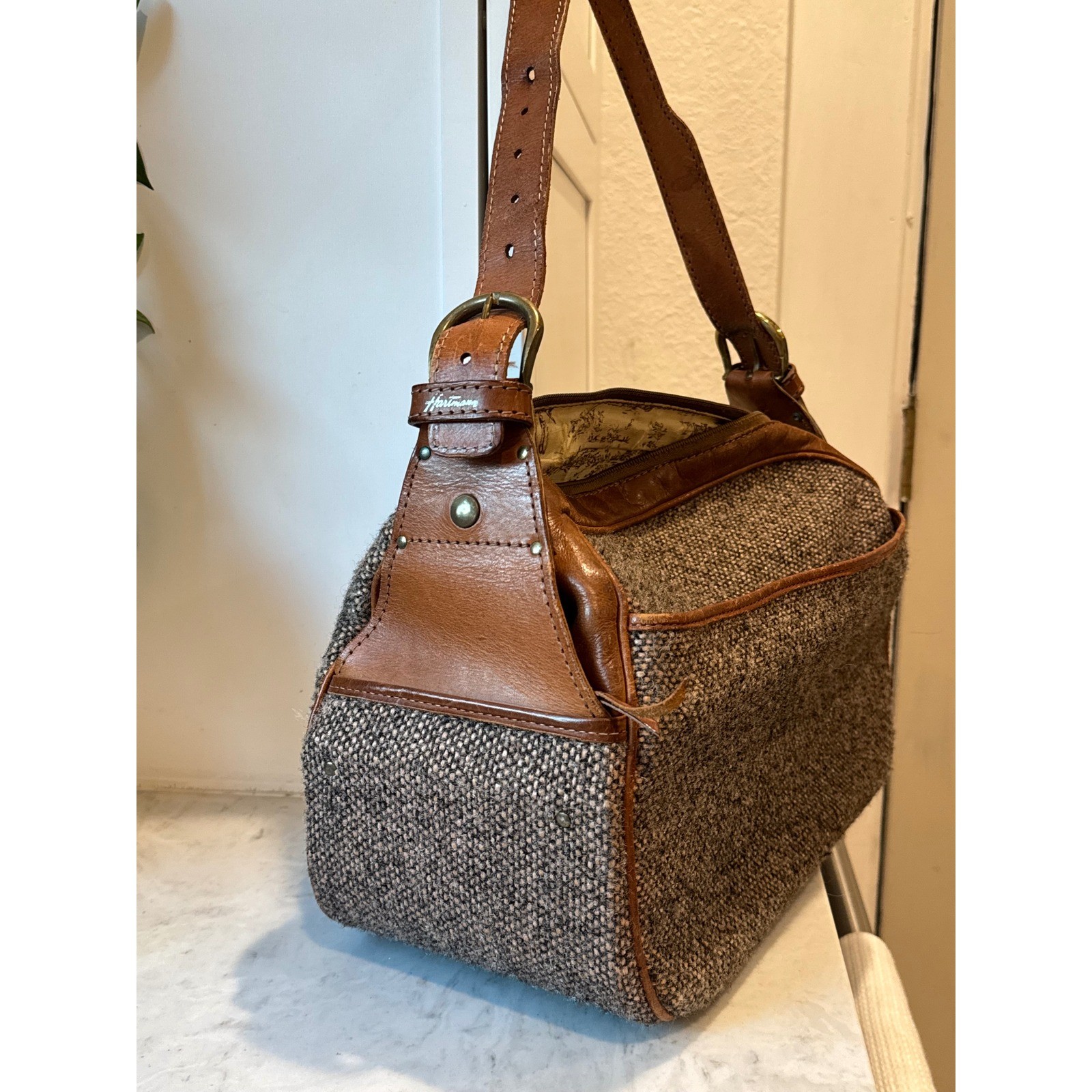 Hartmann Tweed Shoulder Bag Brown Leather Trim Vintage As Is Zipper Grandpacore