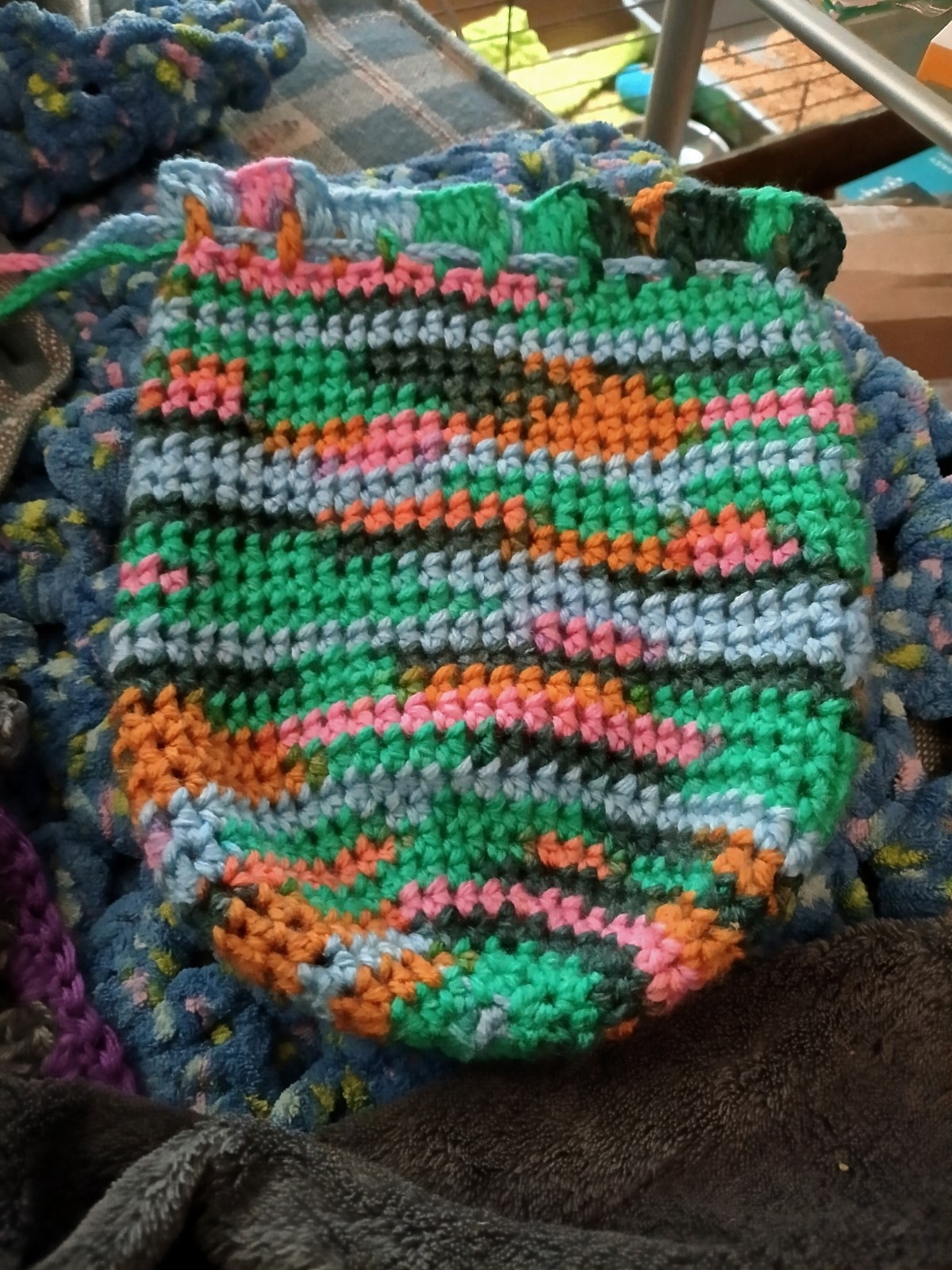 Handmade Multicolor Striped Crochet Drawstring Pouch Bag Small Boho Hippie