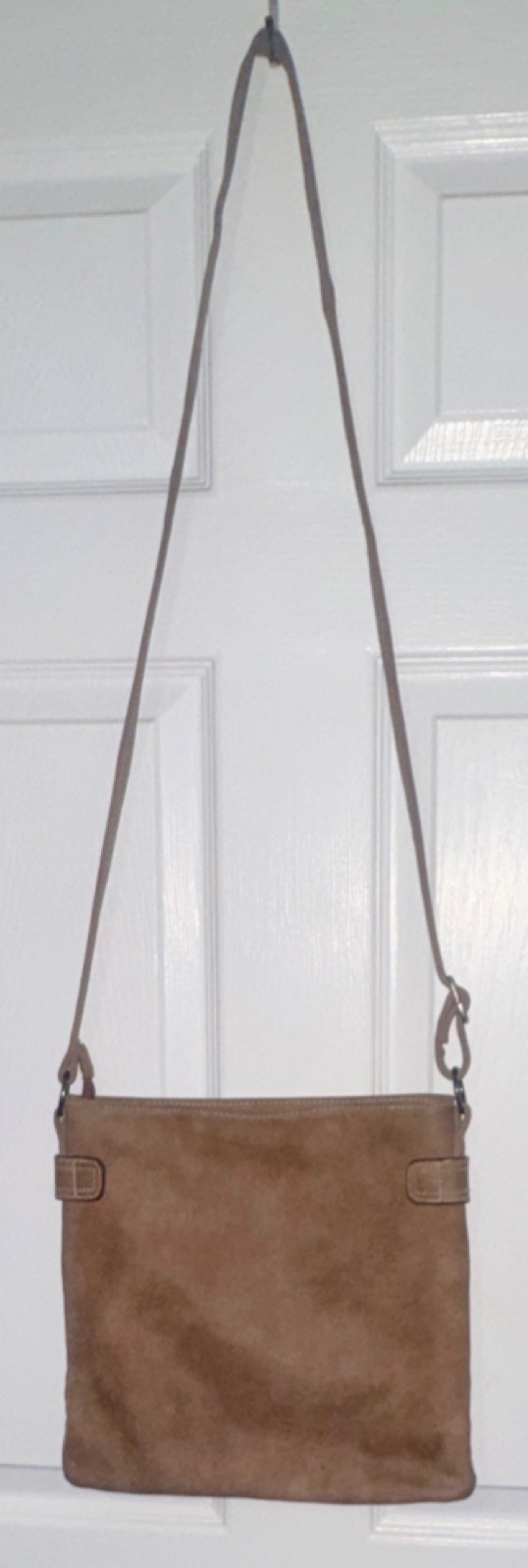 Tan Suede Shoulder Bag Zipper Buckle Accent Classic Medium Crossbody
