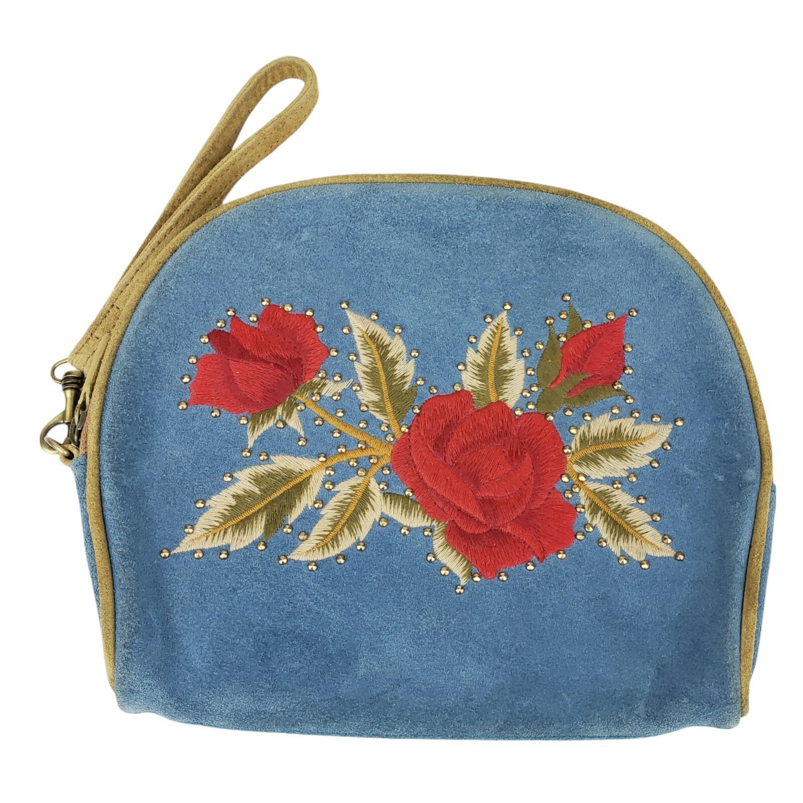 Isabella Fiore Suede Embroidered Wristlet Blue Red Roses Studs Beige Bag