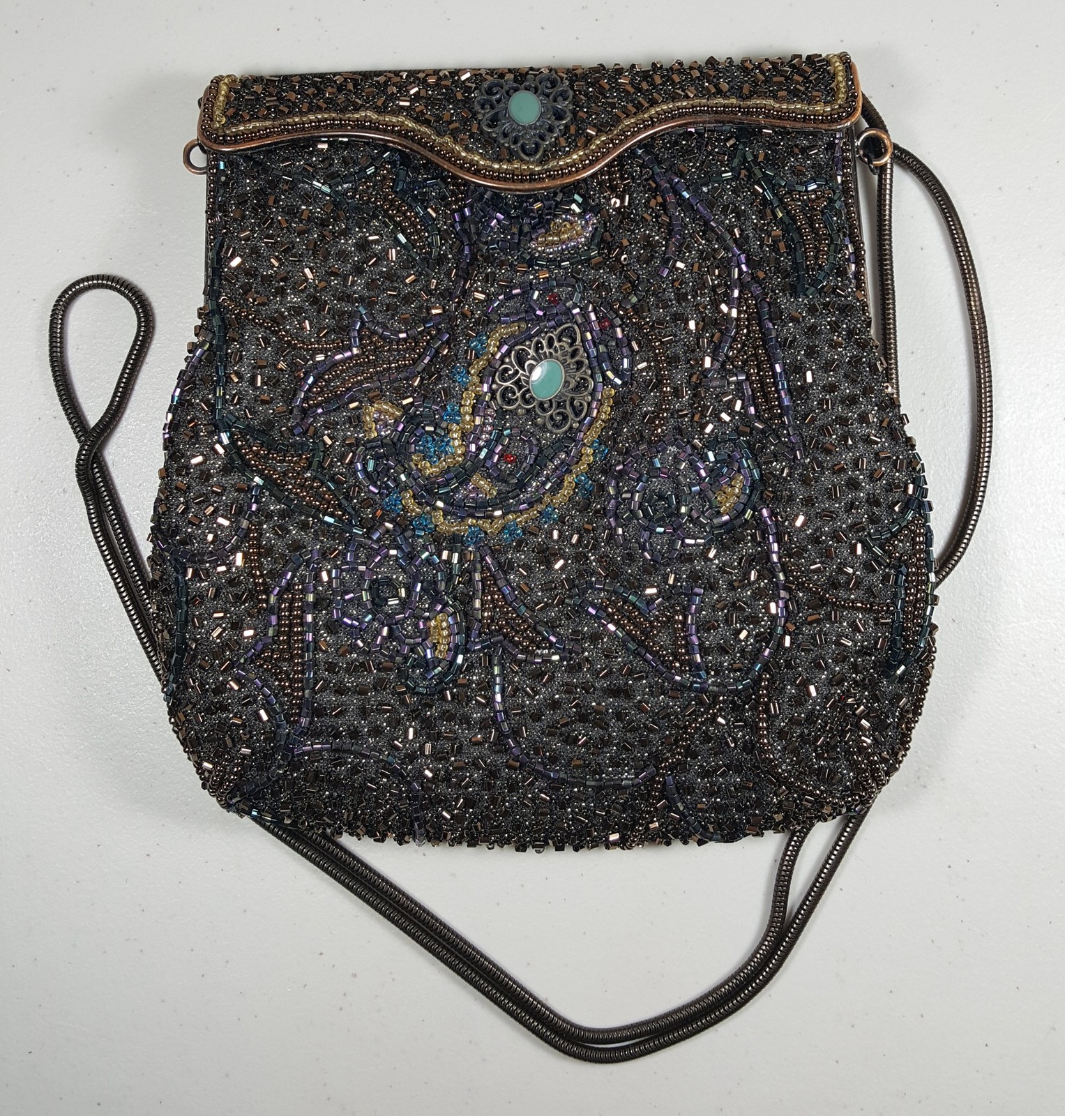 VANESSA Framed Beaded Purse Bronze Peacock Feather Design