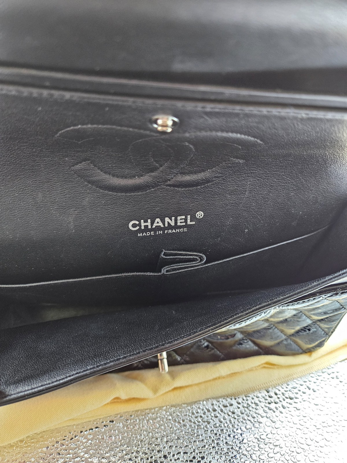 Authentic CHANEL Classic Quilted Patent Leather Double Flap Bag – Black
