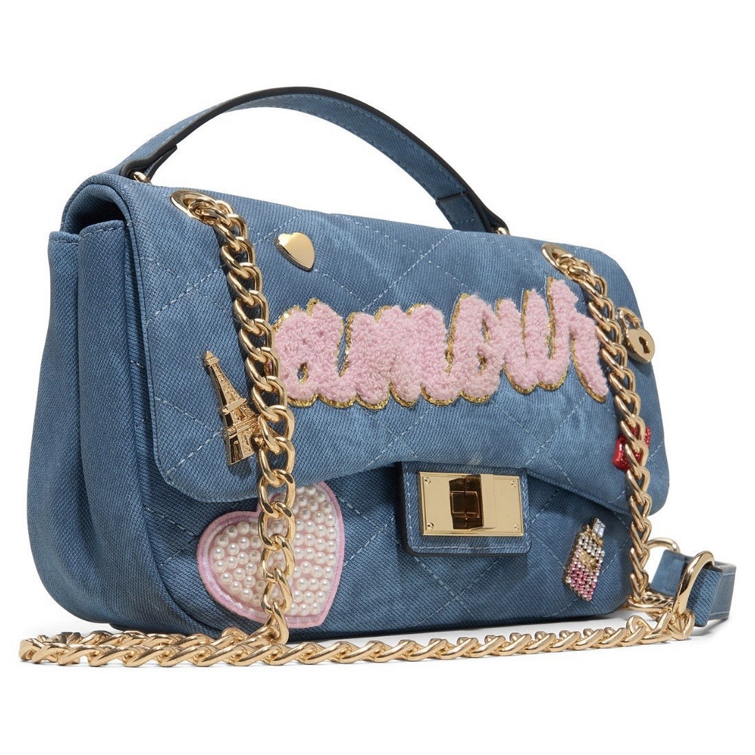 Aldo Blue Quilted Top Handle Crossbody Bag w/ Turn Lock, Detachable Chain Strap