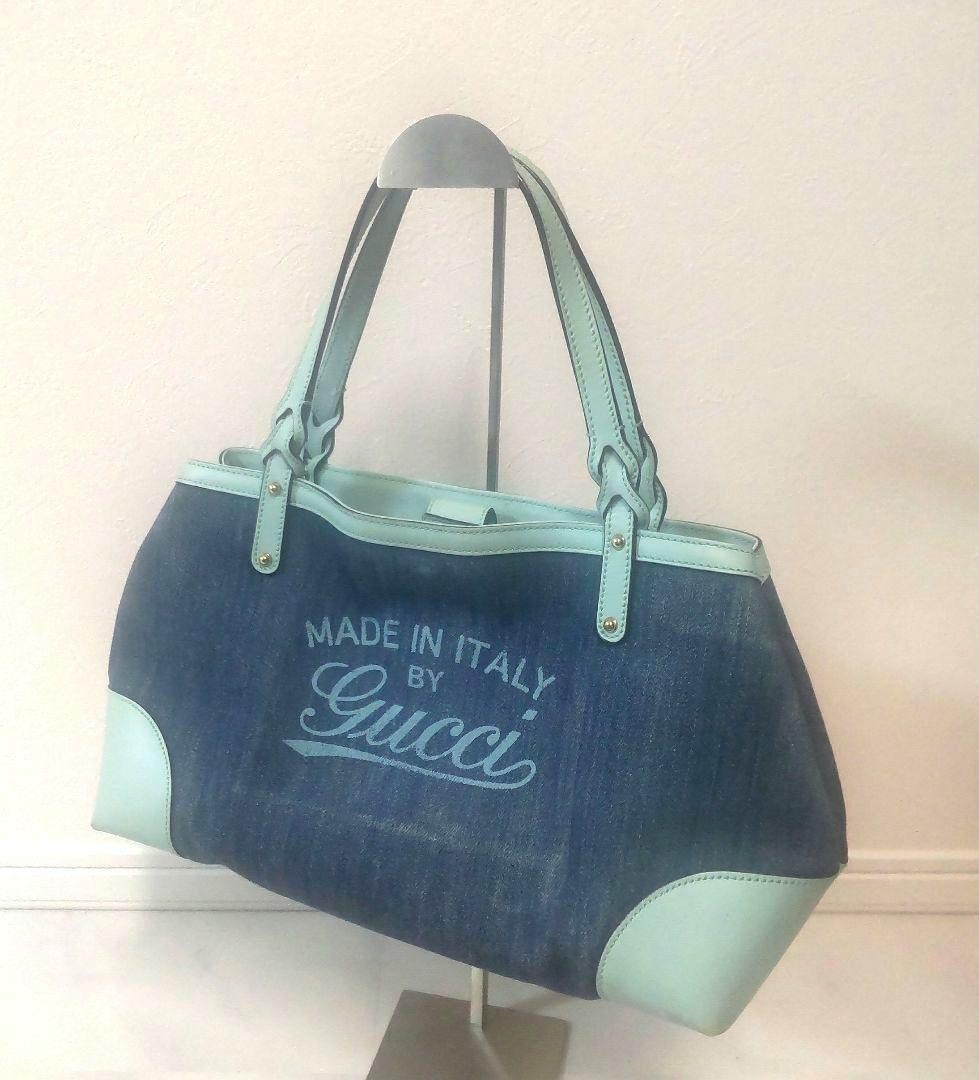 GUCCI Denim Leather Handbag Tote Bag Women Auth 8.66 x 14.56 to 18.50 x 5.90inch