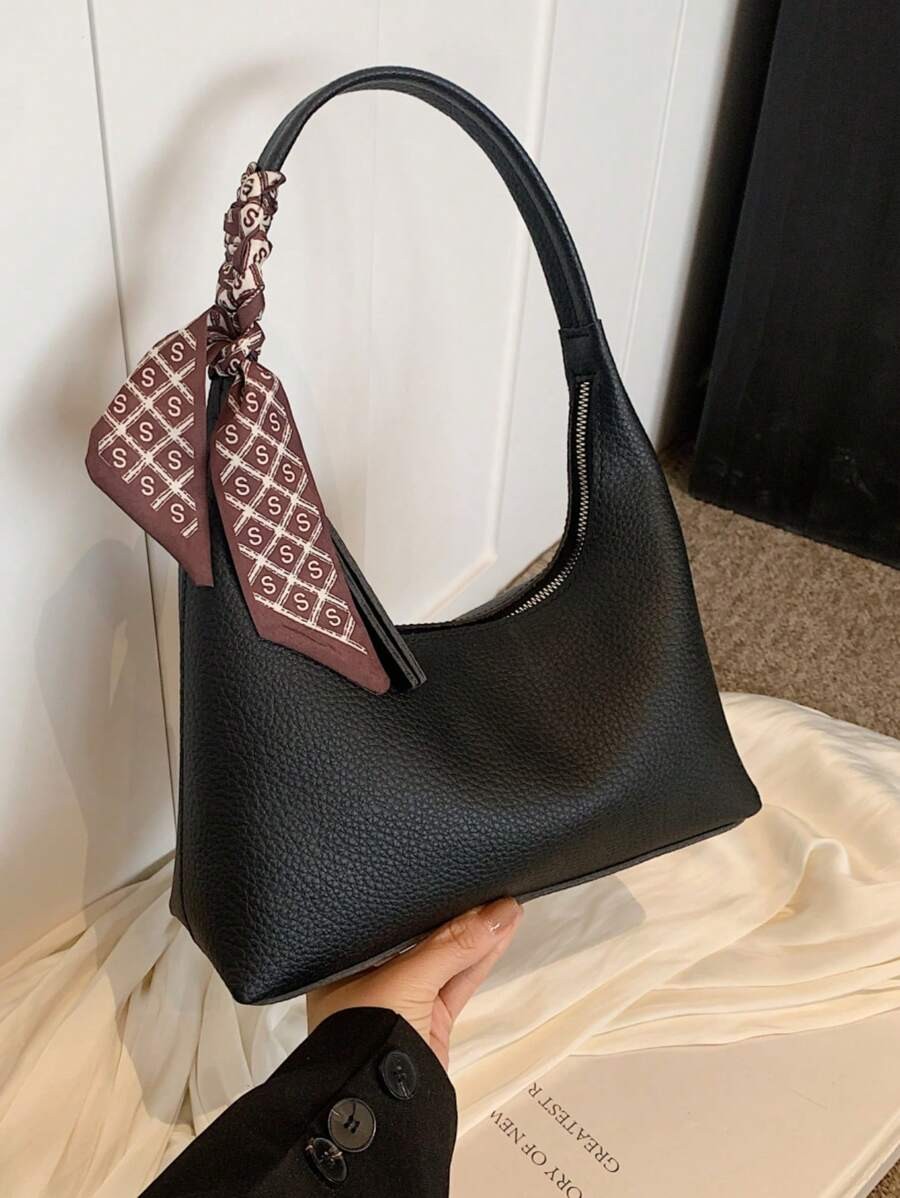 Minimalist Black Leather Shoulder Bag Slouchy Hobo Purse with Silk Scarf Accent