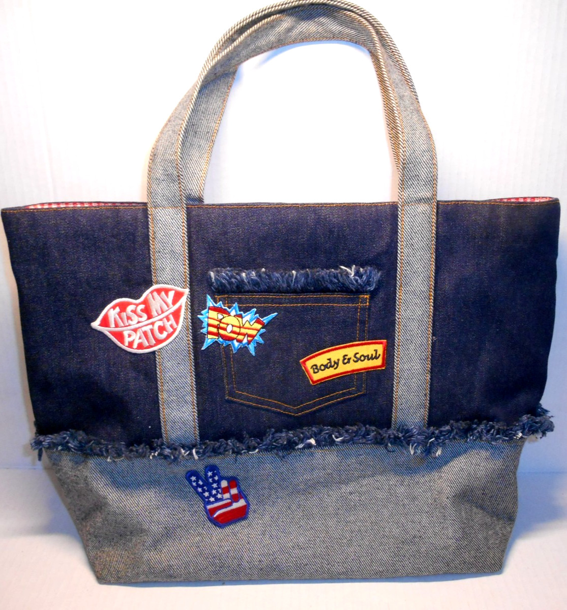 BODY & SOUL Hawaii Denim Tote Bag Blue Jean Purse Patches Fringe Checks 12×12×5