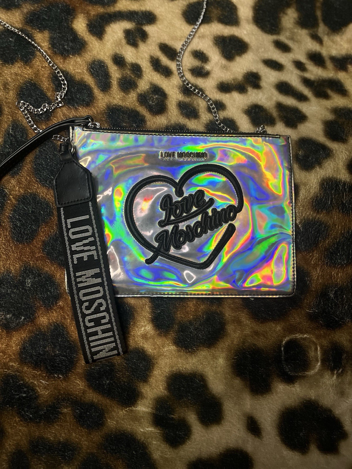 Love Moschino Crossbody Love Holographic Rare Purse Bag Wristlet Silver Chain