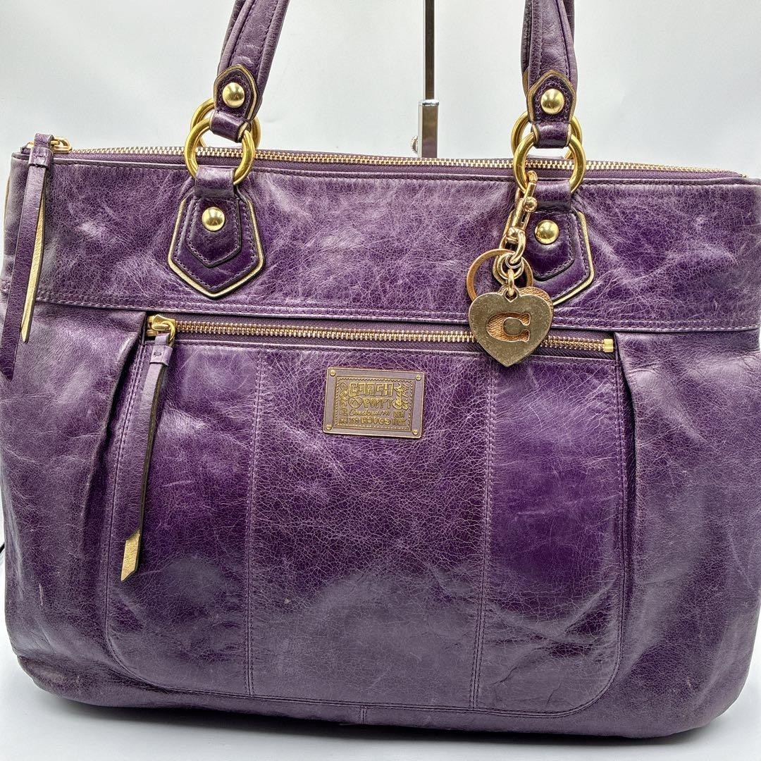 Rare COACH Poppy Purple Leather Tote Bag Y2K Large Shoulder Charm 44cm Vintage