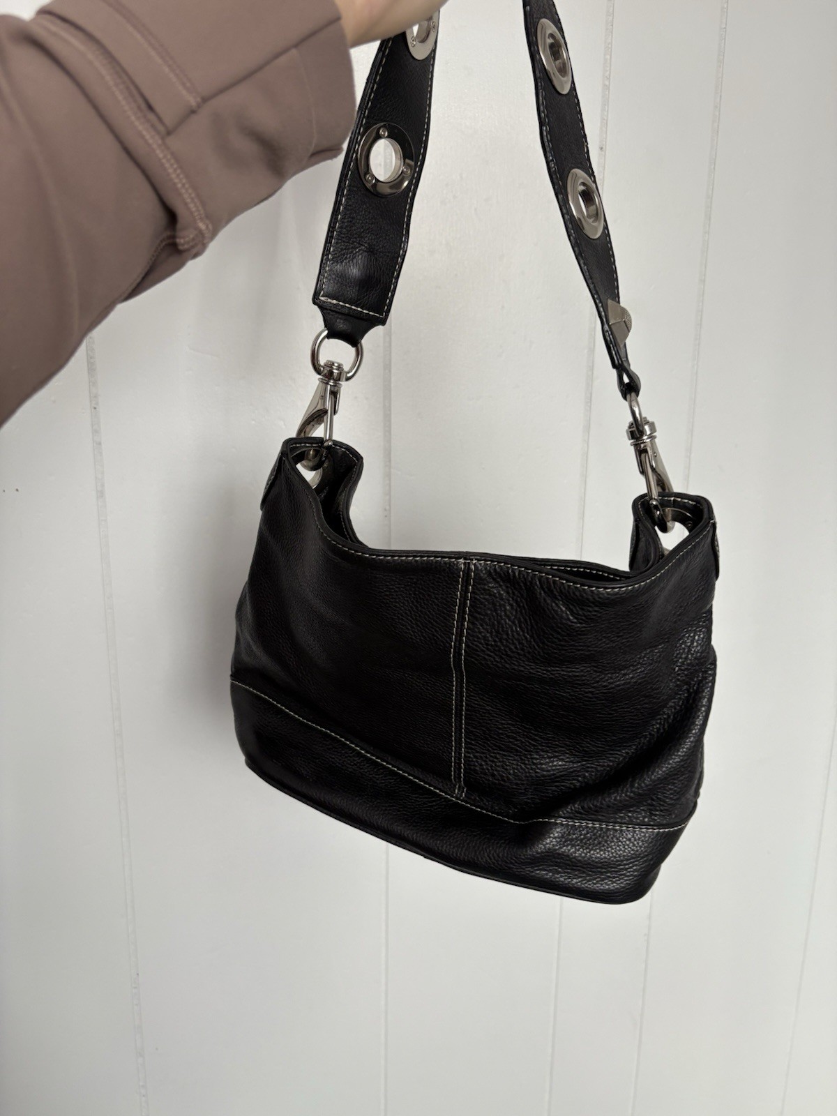 Vintage Black Pebbled Leather Shoulder Bag Purse Silver Hardware Strap