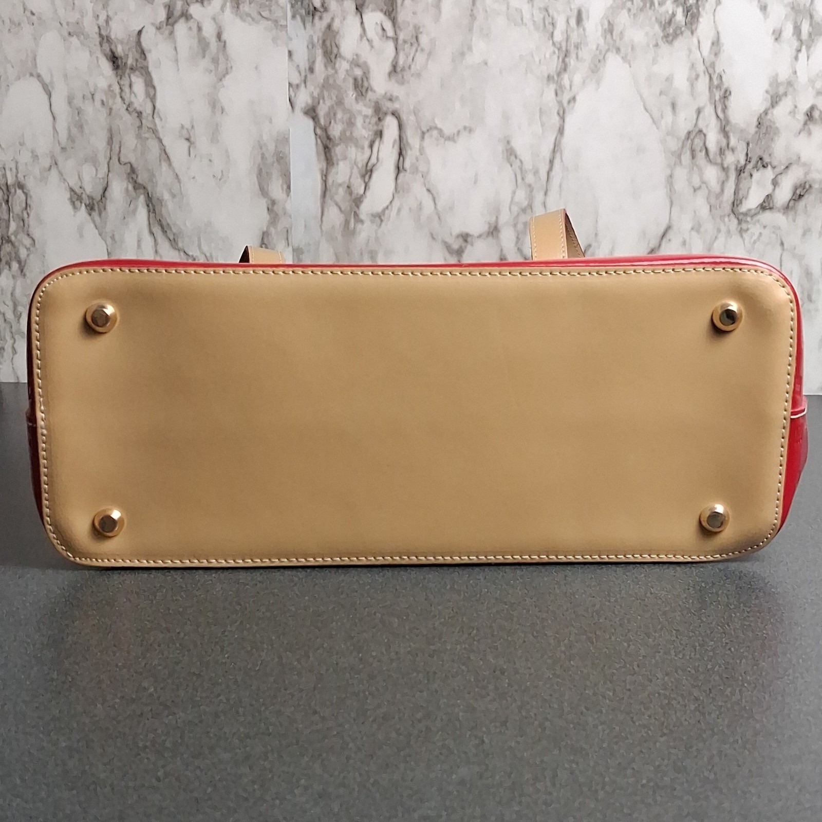 Arcadia Red Patent Logo Large Tote Zip Top Beige Strap Gold Hardware Pockets