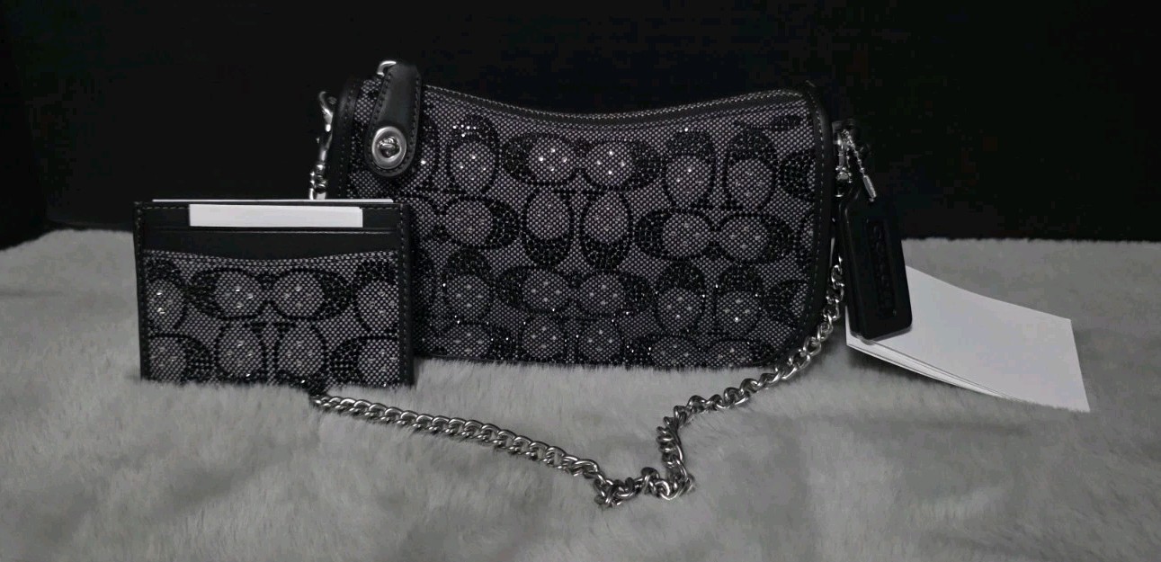 Coach Swinger 20 Bag W/ Chain Crystal Sign C Jacquard CW568 Black AND Card Case