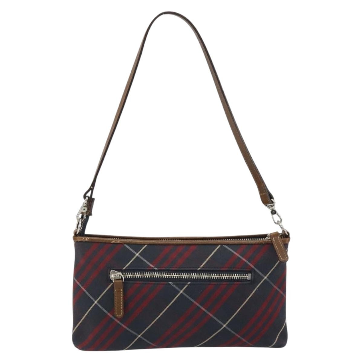 BURBERRY Nova Check Blue Label Hand Pouch Canvas Navy Silver Auth hk3935A