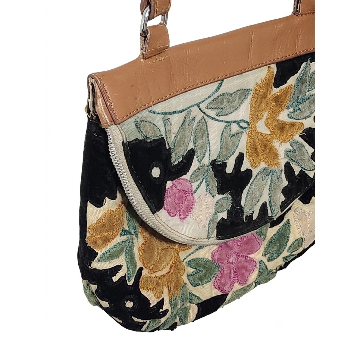 Miss Albright Anthropologie Floral Embroidered Velvet Crossbody Bag Tan Leather
