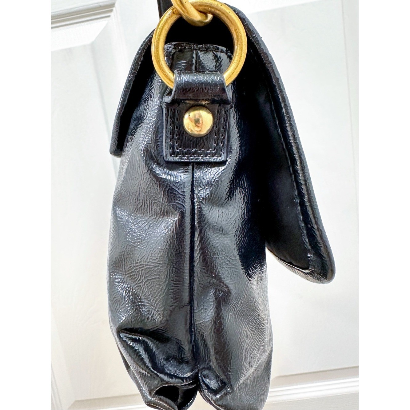 Coach Poppy Glam Flap Shoulder Bag Black Patent Leather Crossbody