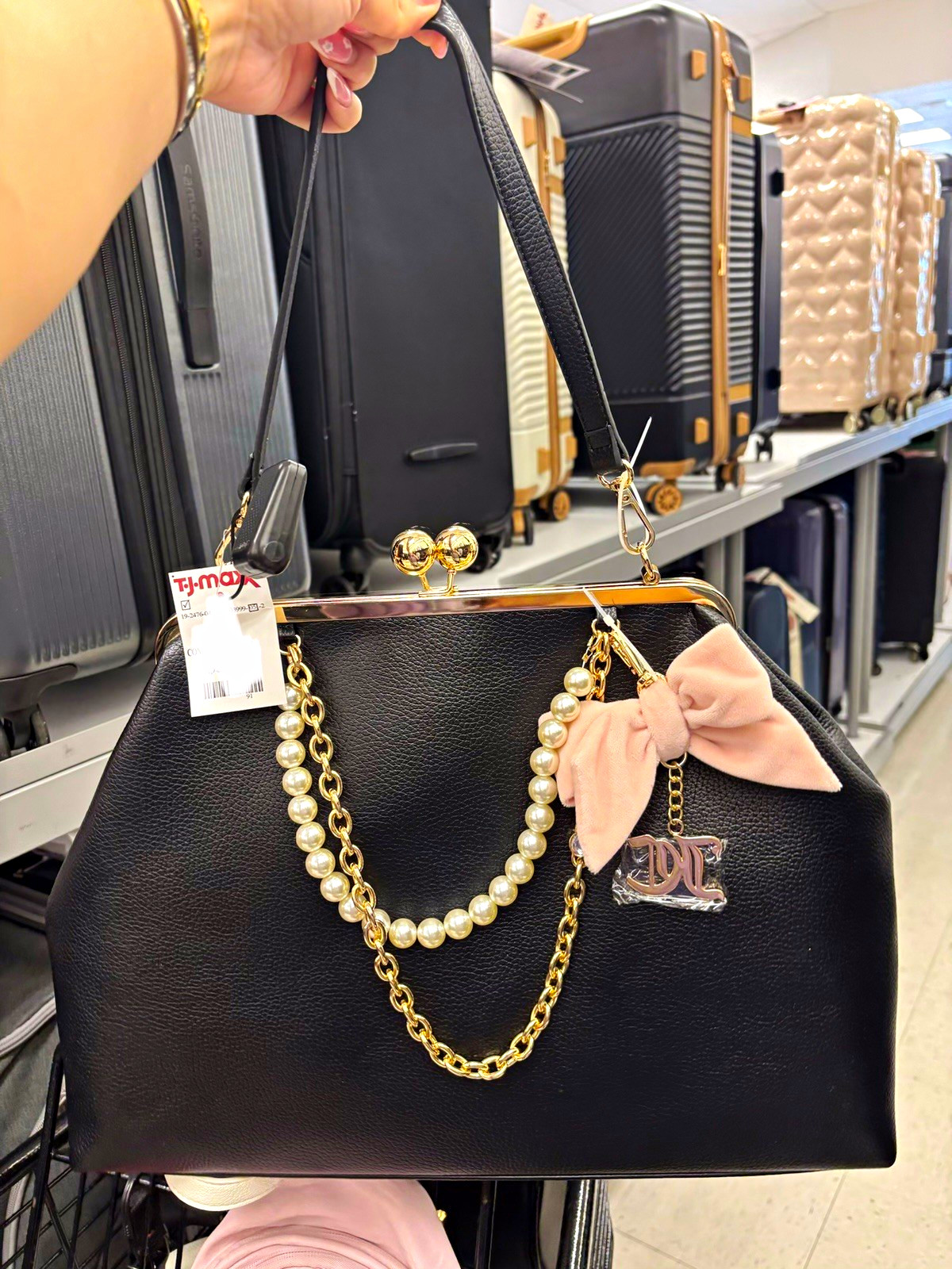 Juicy Couture Black Kiss Lock Large Shoulder Bag Bow Pearl Charm Gold Hardware