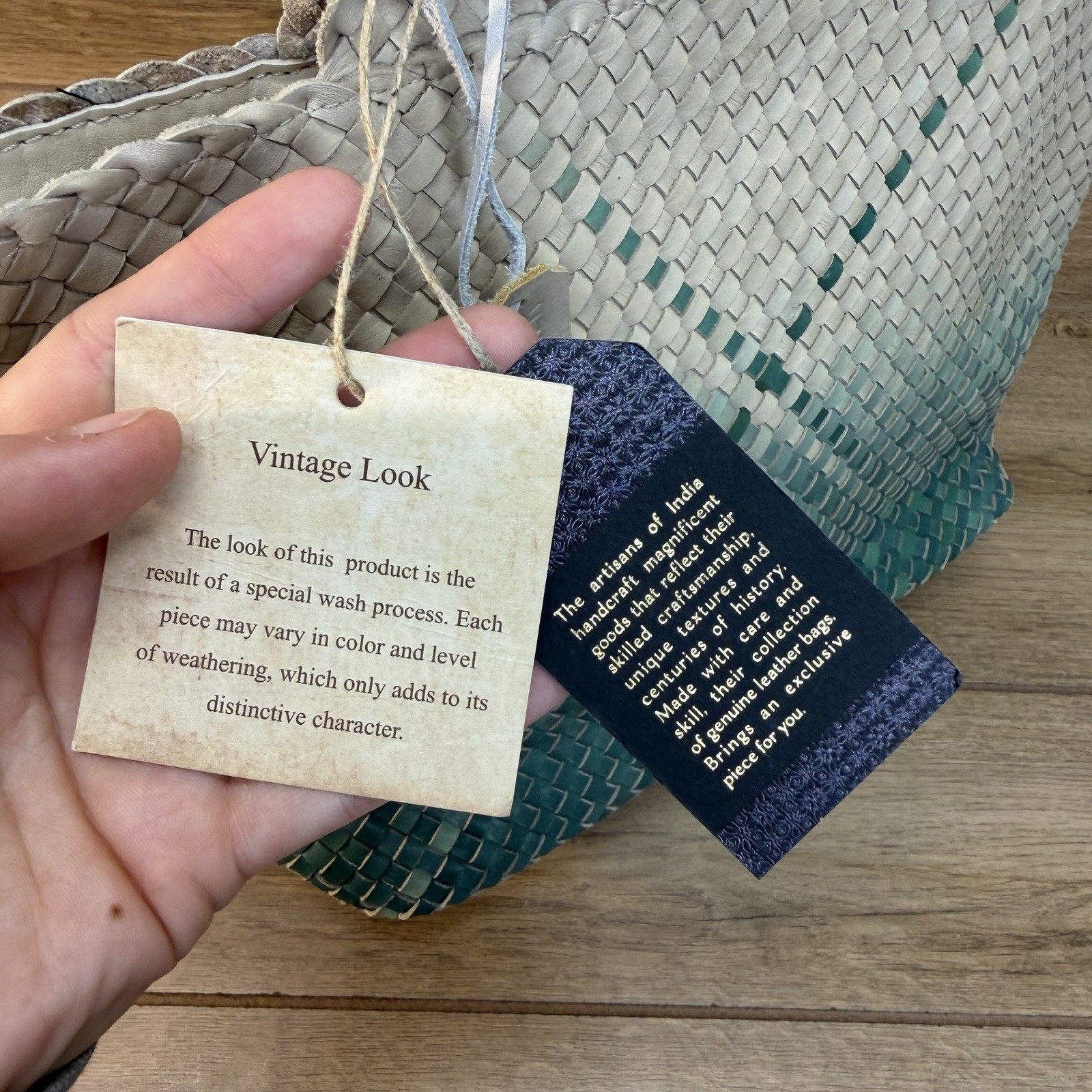 Artisans India Handcrafted Ombré Woven Leather Shoulder Tote Bag Teal Cream NWT