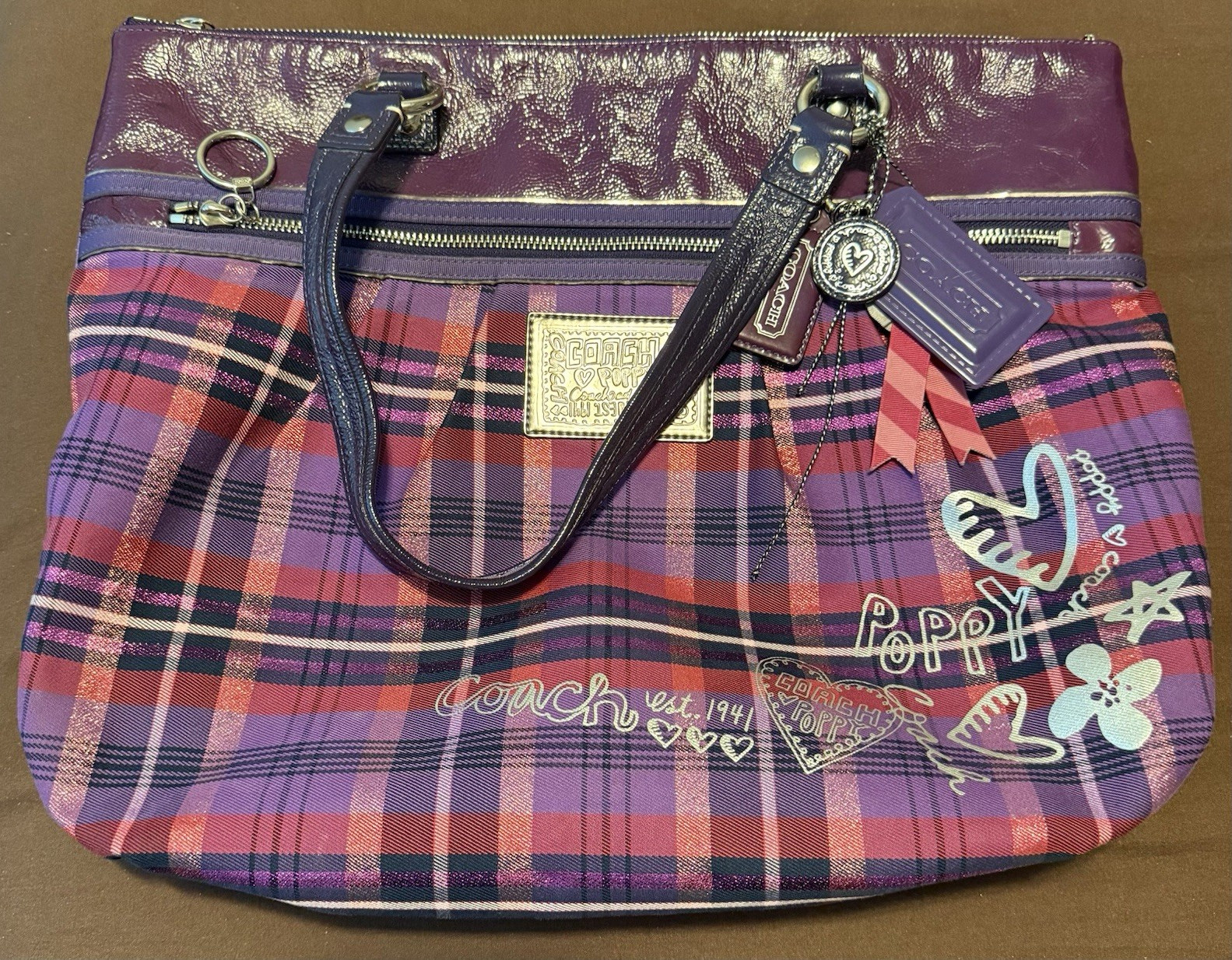 Coach Poppy Purple Plaid Patent Zip Tote Bag w/ Charm, Silver Hardware