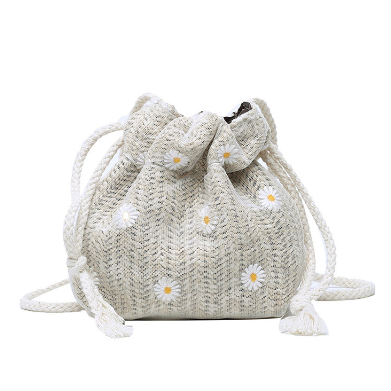 Girls Straw Shoulder Bag Floral Embroidery Woven Tote Handbag Bucket Bag Mini