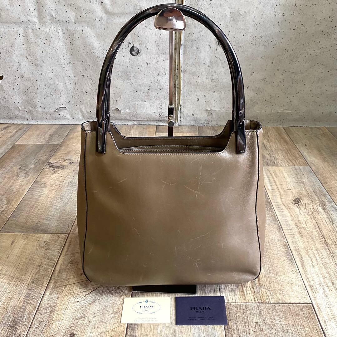 Prada Vitello Leather Handbag Tote Bag Beige Logo Italy Vintage 31.5cm 45cm