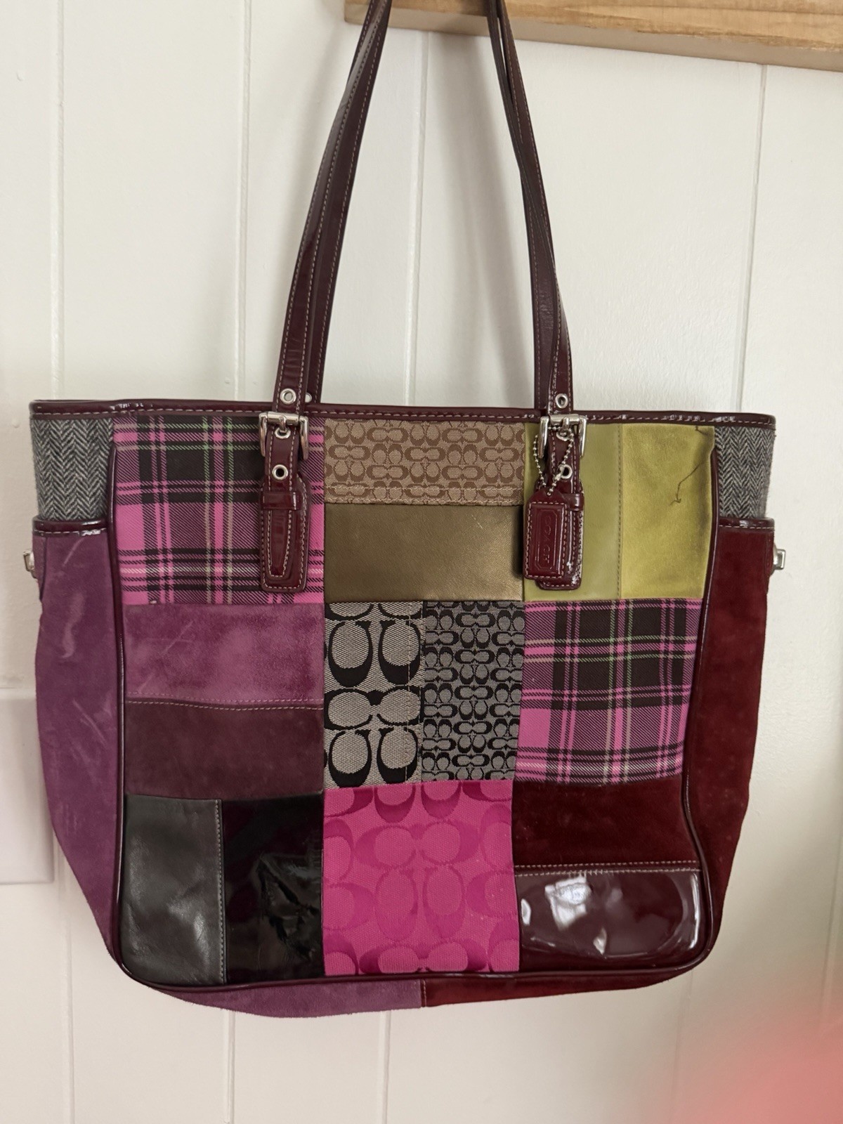 Vintage Y2K Coach Holiday Patchwork Tote Bag Pink Suede Plaid 5179