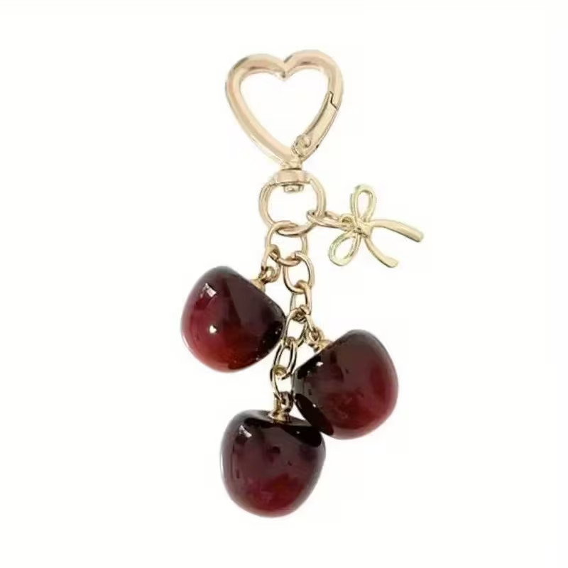Heart Pendant Keychain Bow Bag Charm Cherry Key Ring Cute Purse Accessory