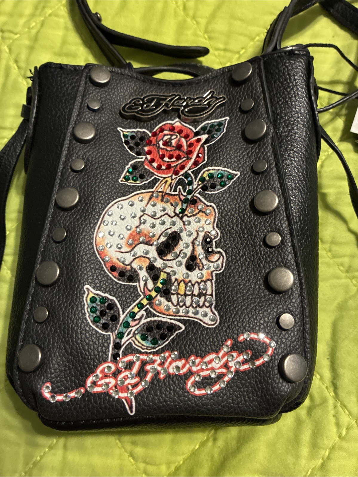 NWT Ed Hardy Studded Mini Crossbody – Black – Sparkling Skull & Rose
