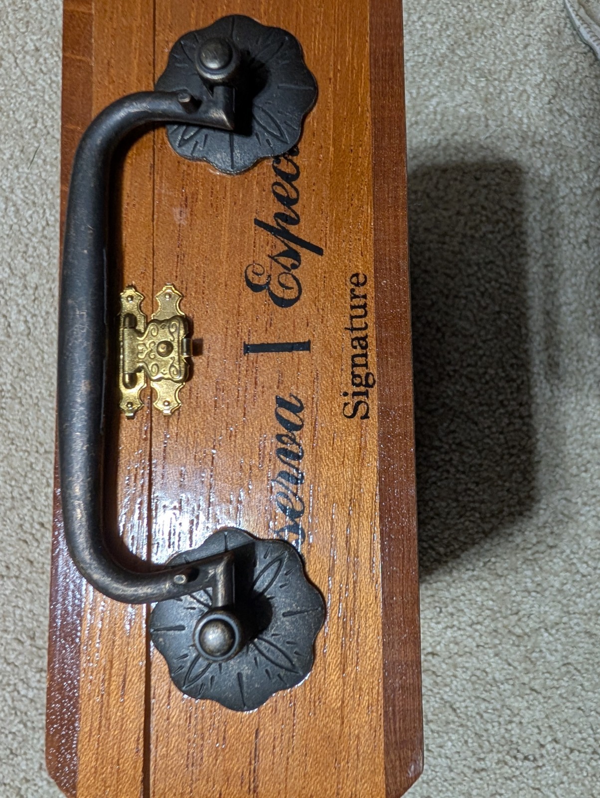 Handmade Wooden Cigar Box Purse with Metal Handle Original Lining & Labels