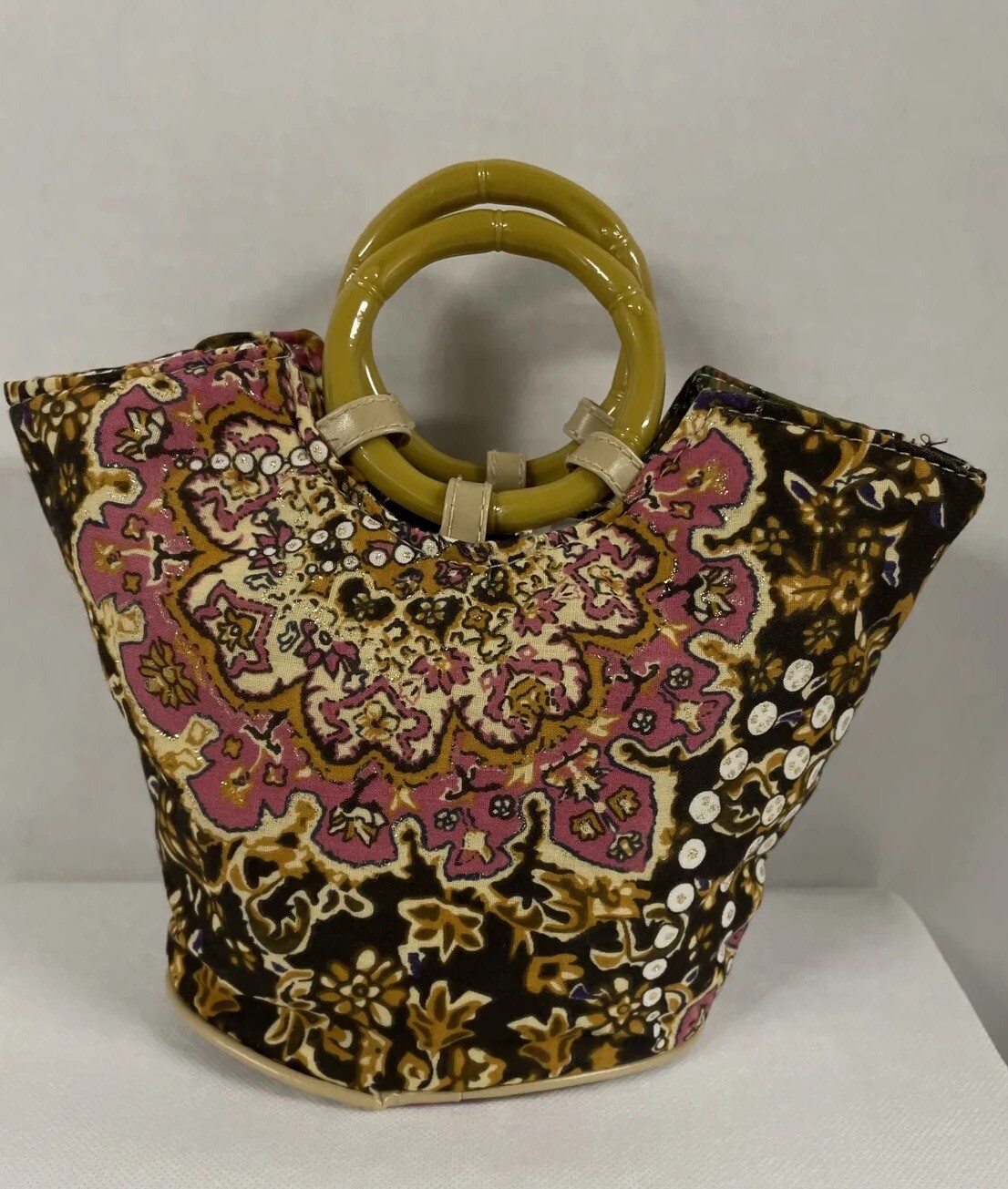 Boho Mini Handbag Purse Lightweight Top Handle Pink Brown Abstract Floral Lined