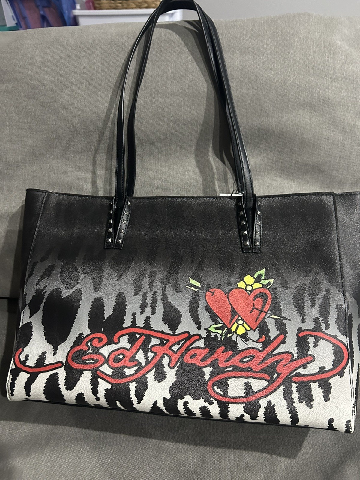 Ed Hardy Large Black Studded Skull Graphic Print Zip Shoulder Bag w/ Strap