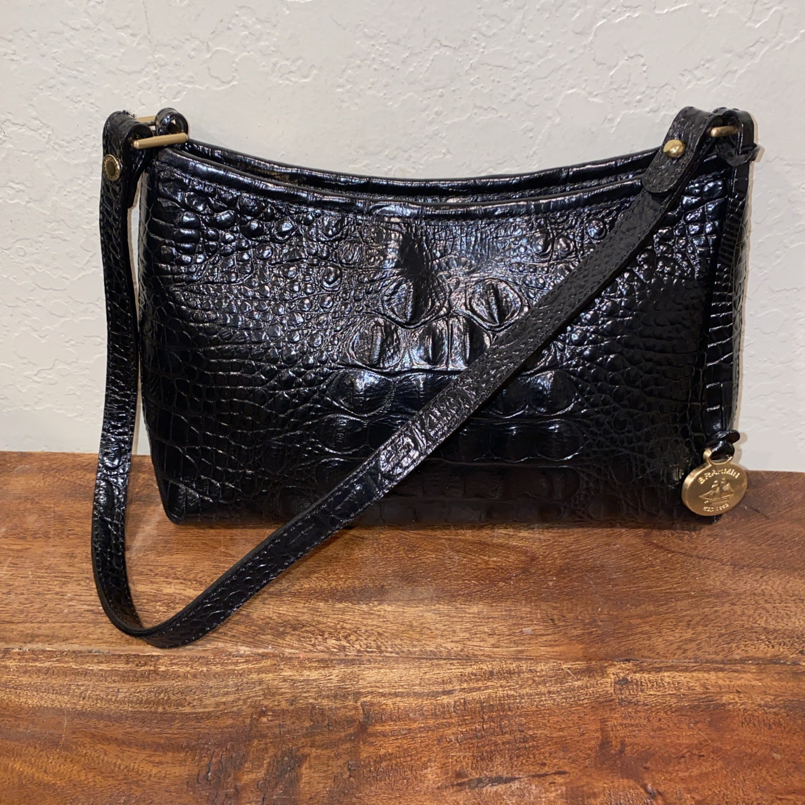 Brahmin Anytime Mini Melbourne Black Croc Bag Purse