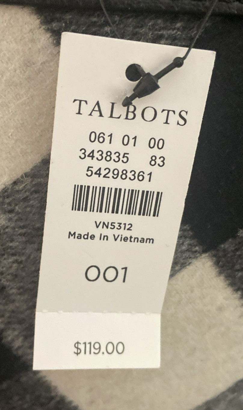 NWT Talbot’s Wool Leather Buffalo Check Gingham Plaid Tote Bag Black White