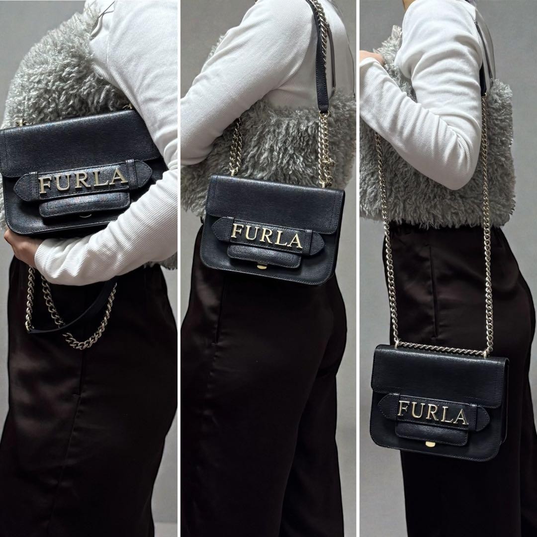 Furla Carol 2-Way Black Shoulder Bag Chain Crossbody Japan 0610318