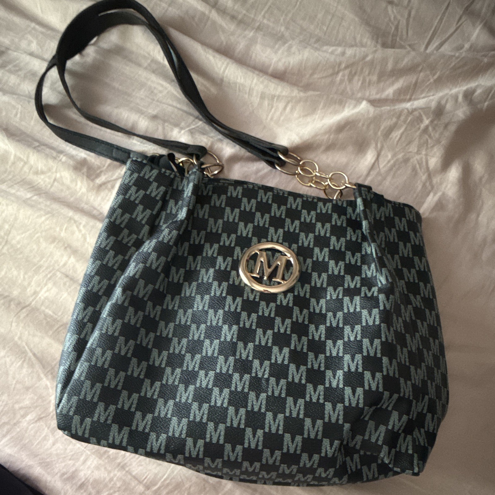 MKF Collection Logo Shoulder Bag Black/Gray Zip Detachable Chain Strap Gold