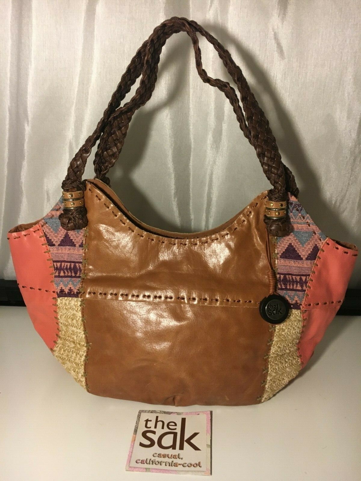 The Sak Indio Bag Patchwork Satchel Bag Woven Handles Leather Cotton Polyurethan