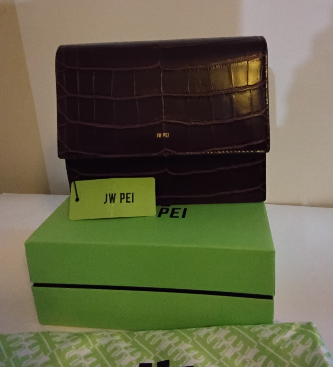JW PEI Burgandy Croc-Embossed Crossbody Bag Gold Hardware Detachable Strap