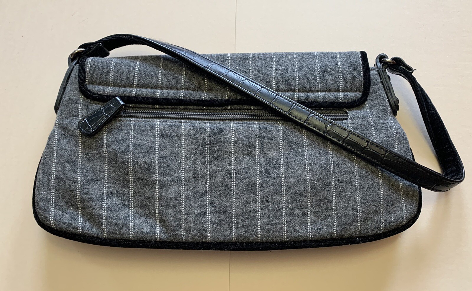 Gray And White Wool Pinstripe Shoulder Bag