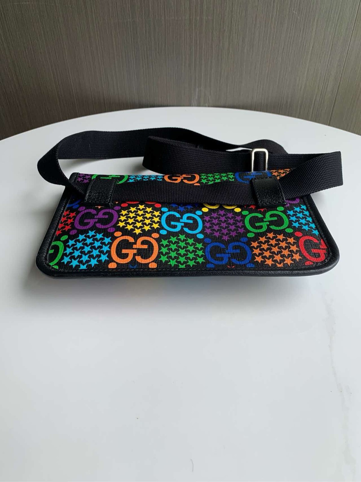 Gucci Psychedelic Limited Ed Black Multicolor Coated Canvas Waist Crossbody Bag