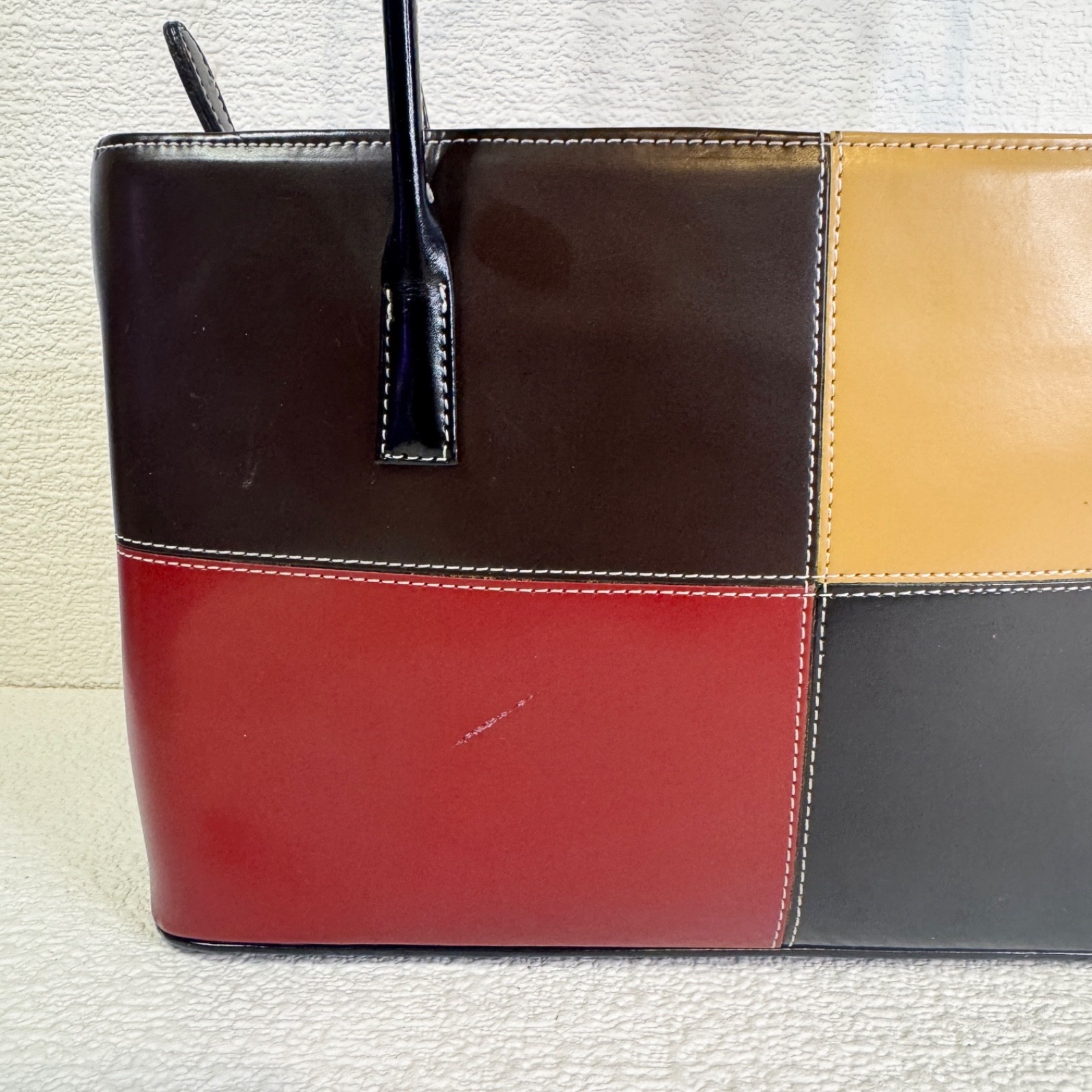 90s Style Leather Colorblock Handbag Brown Burgundy Black Cream Work Bag Retro