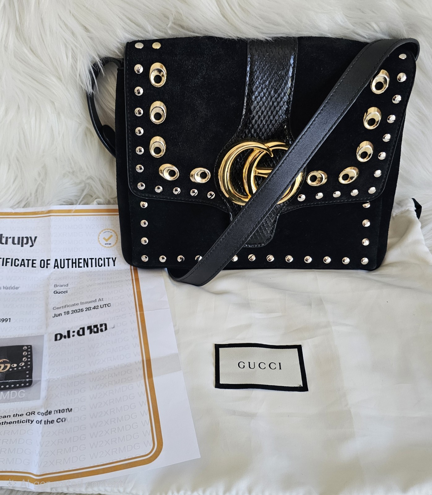 Gucci GG Marmont Arli Black Suede Python Exotic Shoulder Purse Bag
