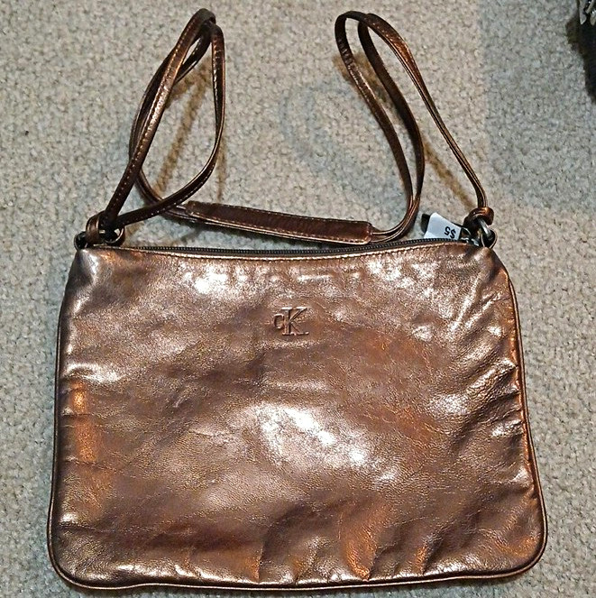 Calvin Klein Metallic Bronze Zip Shoulder Bag, Logo Medium