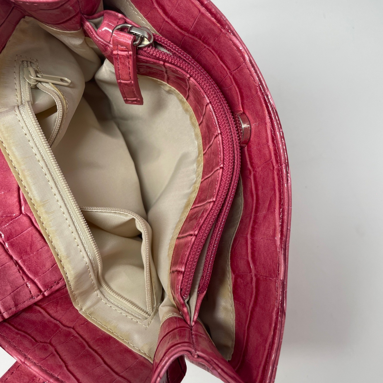 Bisou Bisou Pink Croc Embossed Patent Faux Leather Shoulder Bag Y2K B Logo Charm
